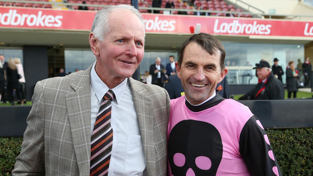 Former Toowoomba trainer Shaun Dwyer and jockey Dwayne Dunn after their Moonee Valley success last season with Miss Leonidas.