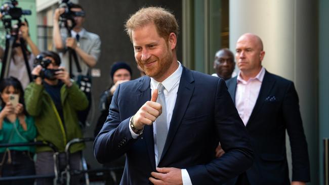 Prince Harry is suing Mirror Group Newspapers, claiming that he was the victim of hacking. The Duke of Sussex is pictured after giving evidence at the trial, at the High Court in London. Picture: Getty