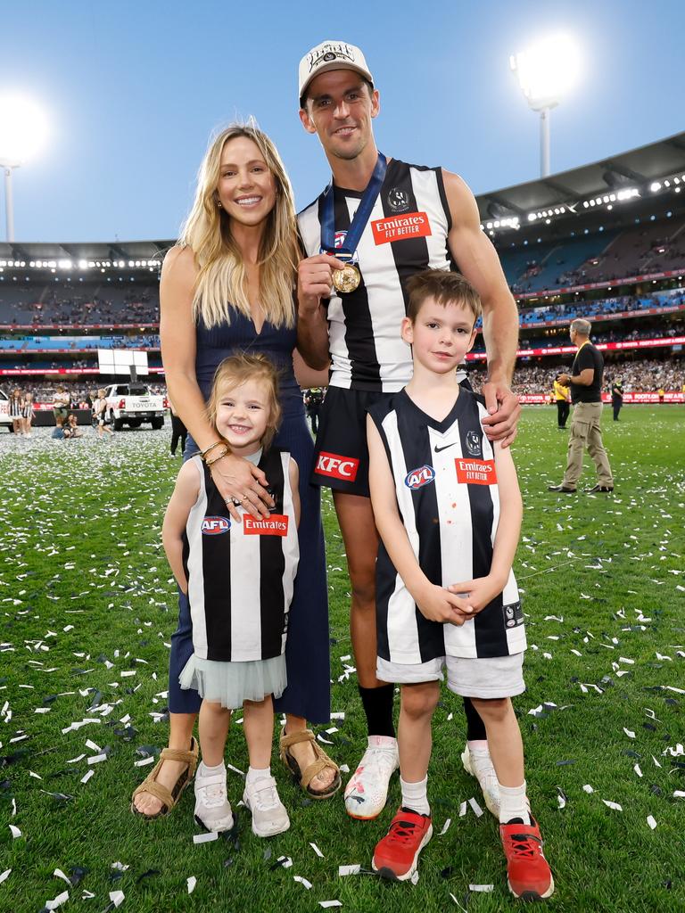 Scott Pendlebury with wife Alex and children Jax and Darcy after last year’s grand final win. Picture: Dylan Burns/AFL Photos