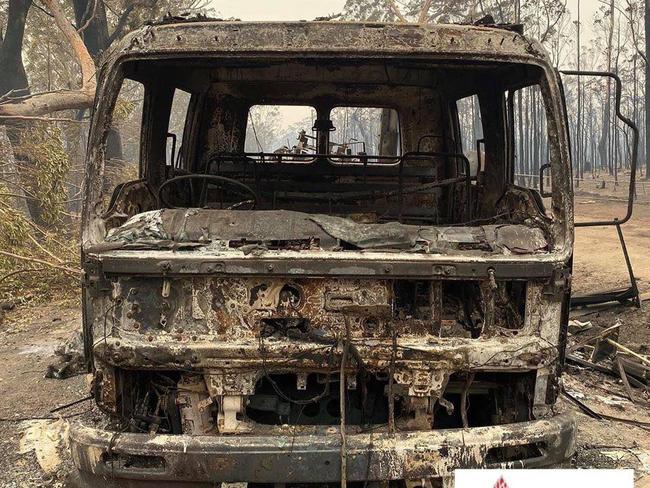 The charred remains of FRNSW Terrigal's truck which became overrun by fire on New Year's Eve trying to respond to an urgent call for assistance as part of Strike Team Golf at Nowra. Picture: Terrigal Fire Station