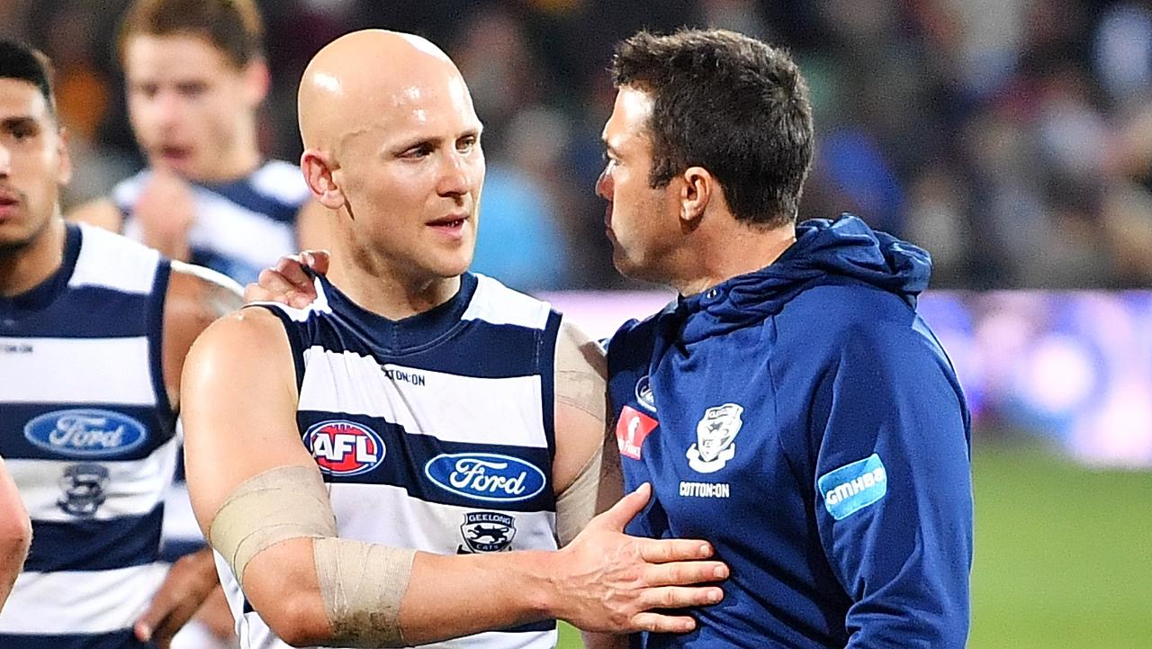 Gary Ablett of the Cats with coach Chris Scott.
