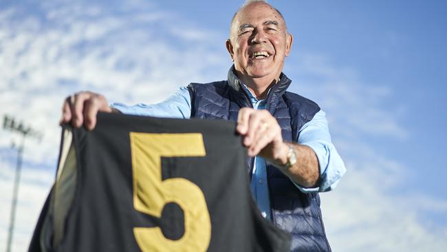 Peter Carey with the No. 5 guernsey he made famous at Glenelg. Picture: Matt Loxton