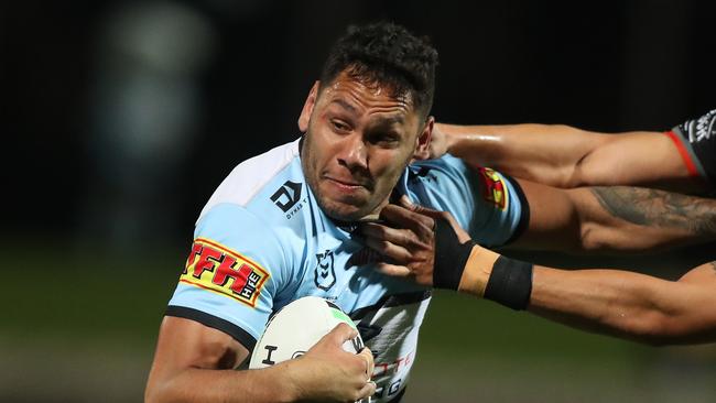 Cronulla's Jesse Ramien is tackled during the Cronulla Sharks v Warriors NRL match at Jubilee Oval, Kogarah. Picture: Brett Costello