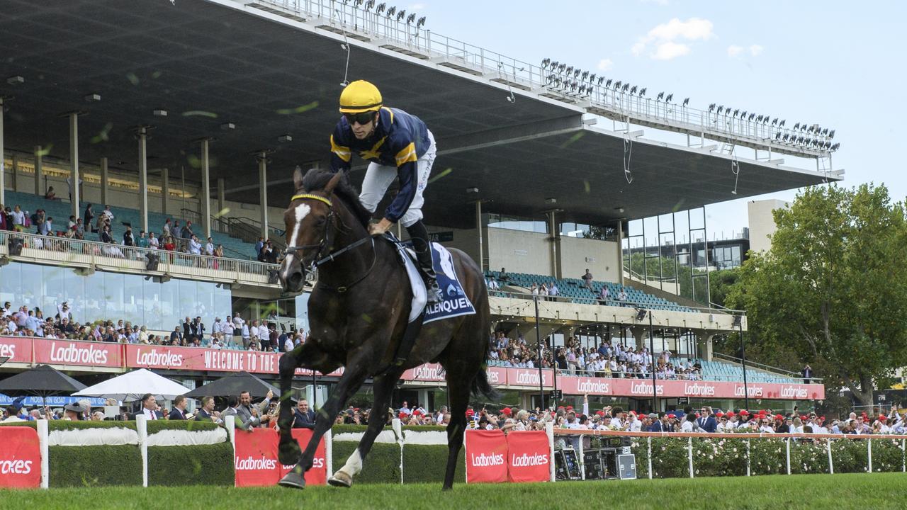 Alenquer (Jordan Childs) crosses the line in the All Star Mile at Moonee Valley in March. Picture: Vince Caligiuri / Getty Images)