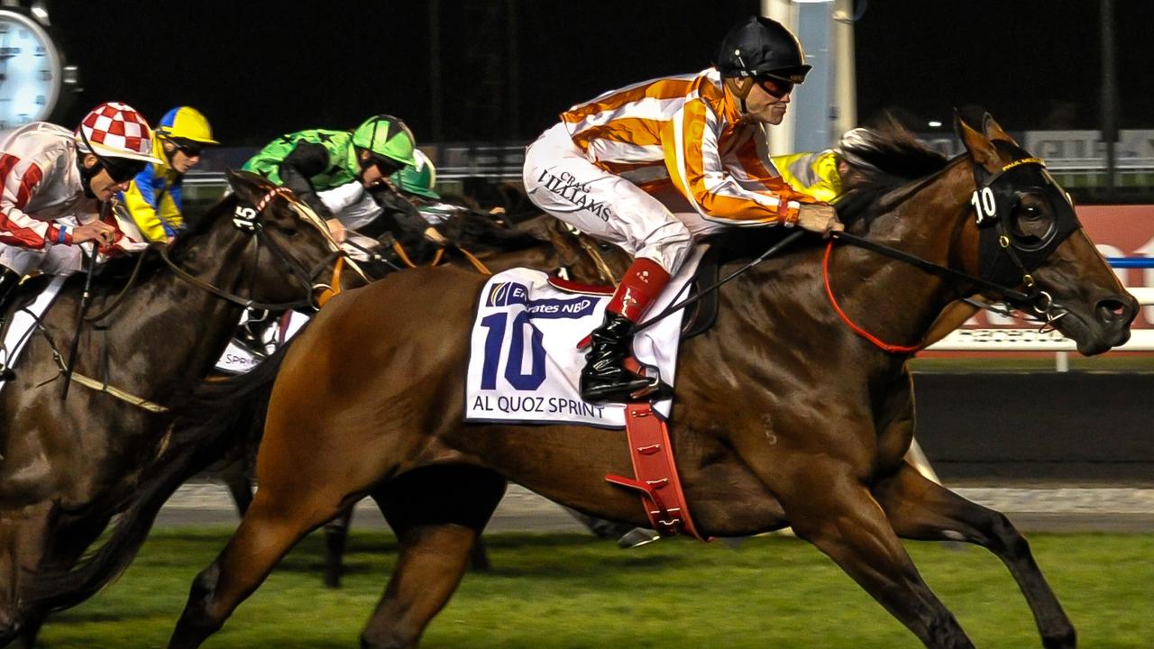 Ortensia from Australia ridden by Craig Williams crosses the finish line of Al Quoz Sprint race, Saturday, March 31, 2012, in Dubai, United Arab Emirates. (AP Photo/Stephen Hindley)