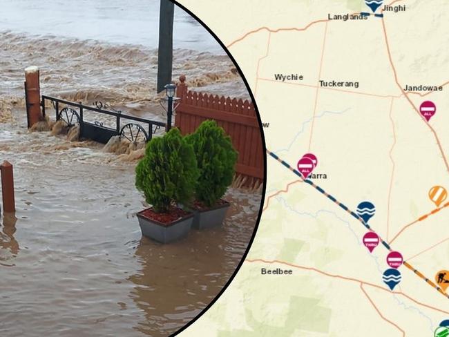 Flash flooding has forced to closure of the Warrego Highway west of Dalby.