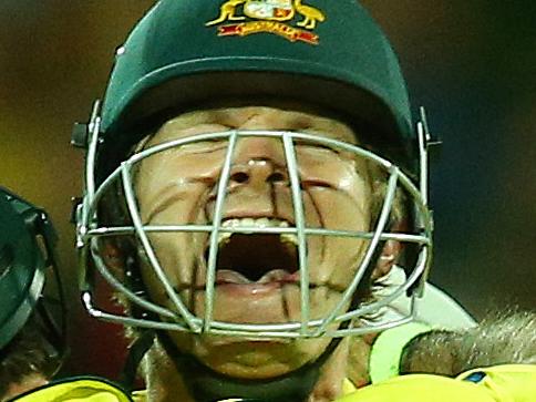 20/03/15 - ICC World Cup Cricket - Australia v Pakistan at Adelaide Oval. Shane Watson and Glenn Maxwell celebrate Australia's win. Photo Sarah Reed