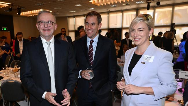 Anthony Albanese, Jim Chalmers and Jessica Rudd at the Queensland Media Club at the Brisbane Convention and Exhibition Centre in Brisbane. Picture: Darren England/AAP Image