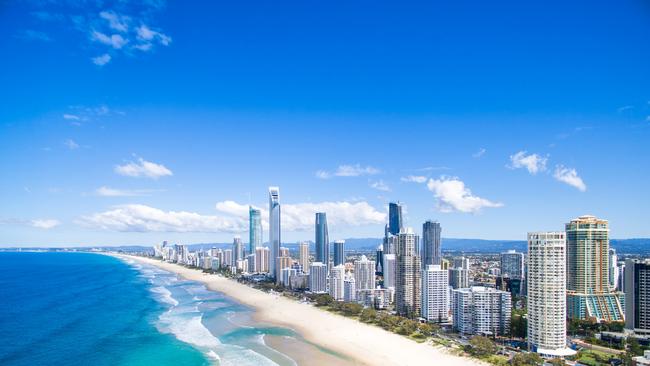 An aerial view of the Surfers Paradise skyline on a clear day in Queensland, Australia