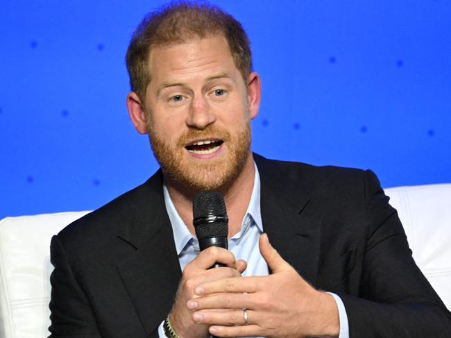 Britain's Prince Harry, Duke of Sussex, speaks during the 'Responsible Digital Future' forum in Bogota on August 15, 2024. Prince Harry and his wife, American actress Meghan Markle, arrived in Colombia at the invitation of Marquez, with whom they will attend various meetings with women and young people to reject discrimination and cyberbullying. (Photo by Raul ARBOLEDA / AFP)