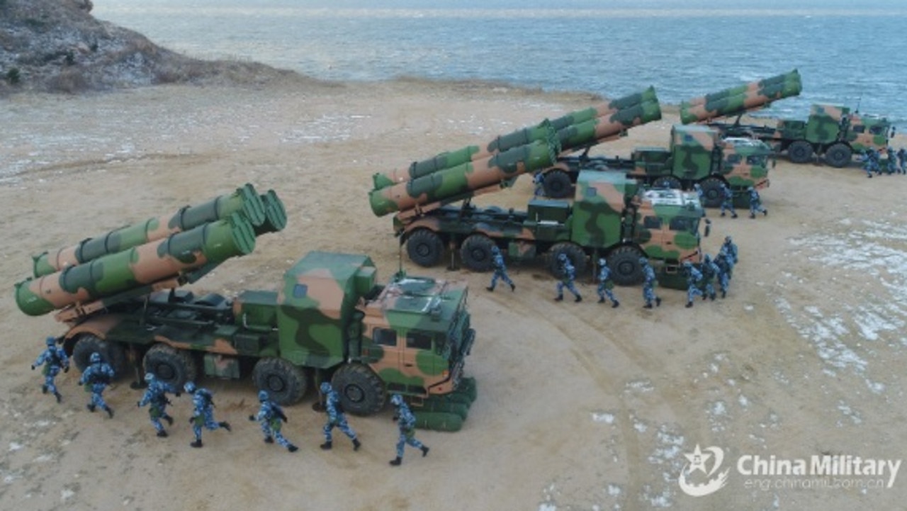 Air defence missiles are deployed on a beach during Chinese military exercises. Picture: China Military/PLA