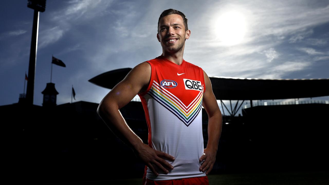 Swan Oliver Florent poses in the Rainbow Swans guernsey ahead of the 2022 Pride Game against the Saints at the SCG. Picture: Phil Hillyard