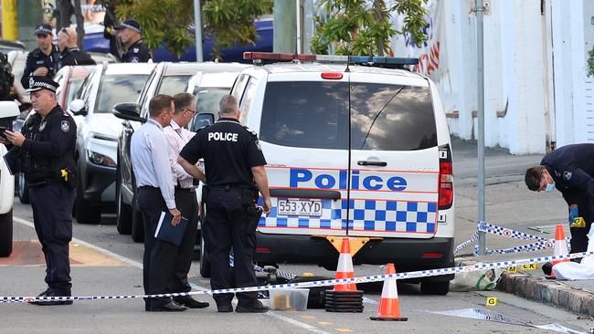 Police at the scene of the South Brisbane shooting. Picture: Liam Kidston