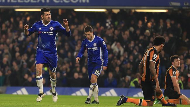 Diego Costa of Chelsea celebrates scoring the opening goal.