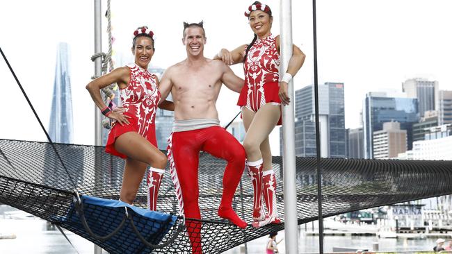 Trapeze artists at Darling Harbour during the 2025 Sydney Festival. Picture: Richard Dobson