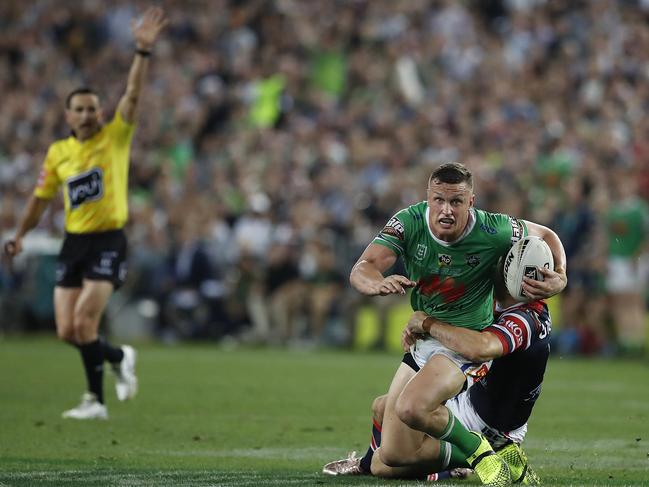 SYDNEY, AUSTRALIA - OCTOBER 06: Jack Wighton of the Raiders is tackled as Referee Gerard Sutton signals last tackle during the 2019 NRL Grand Final match between the Canberra Raiders and the Sydney Roosters at ANZ Stadium on October 06, 2019 in Sydney, Australia. (Photo by Ryan Pierse/Getty Images)