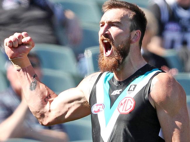 AFL - Saturday, 29th August, 2020 - Port Adelaide v Sydney Swans at the Adelaide Oval. Charlie Dixon celebrates his goal Picture: Sarah Reed