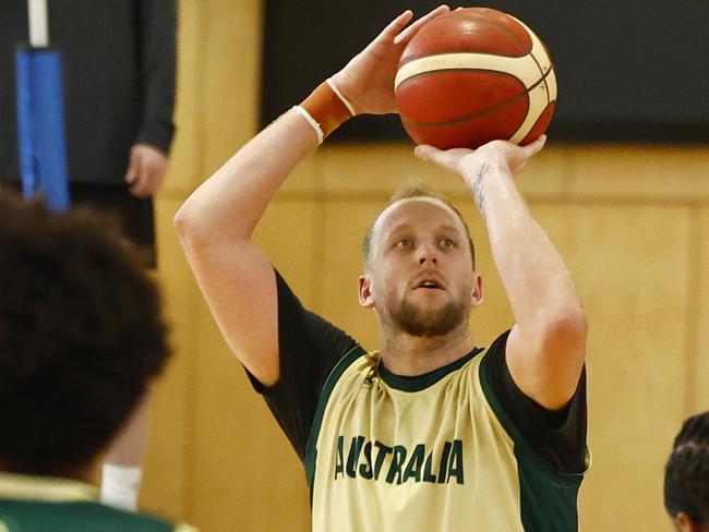 Boomers player Joe Ingles competes in the national basketball team's scrimmage match, held at Cairns State High School ahead of this month's FIBA World Cup tournament. Picture: Brendan Radke