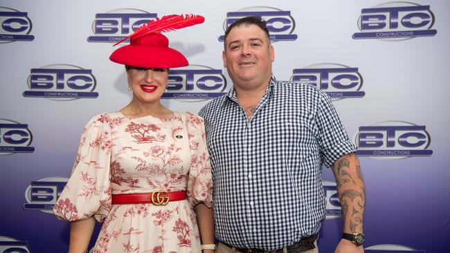 Stephanie Berlin and Brendan Cunningham dressed up in their best race-day gear at the 2023 Melbourne Cup celebrations, Silks Darwin, Tuesday 7, 2023. Picture: Pema Tamang Pakhrin.