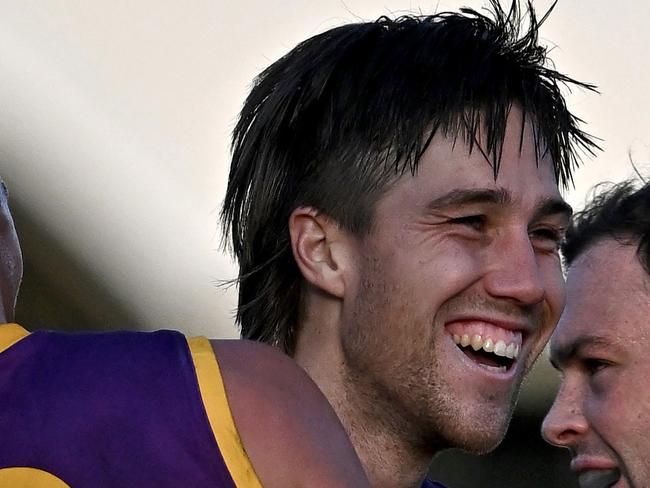 CollegiansÃ Edward Greene celebrates during the VAFA Collegians v Old Melburnians football match in St Kilda, Saturday, May 13, 2023. Picture: Andy Brownbill