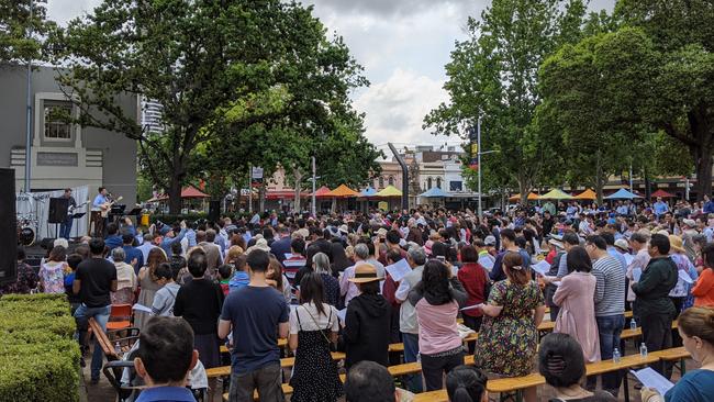 St John's Anglican parishoners fill part of Centenary Square, Parramatta, for a recent celebration.