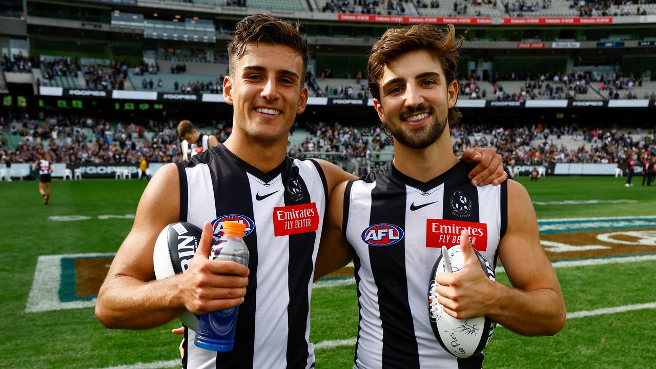 Nick Daicos (left) and brother Josh Daicos of the Magpies celebrate. (Photo by Michael Willson/AFL Photos via Getty Images)