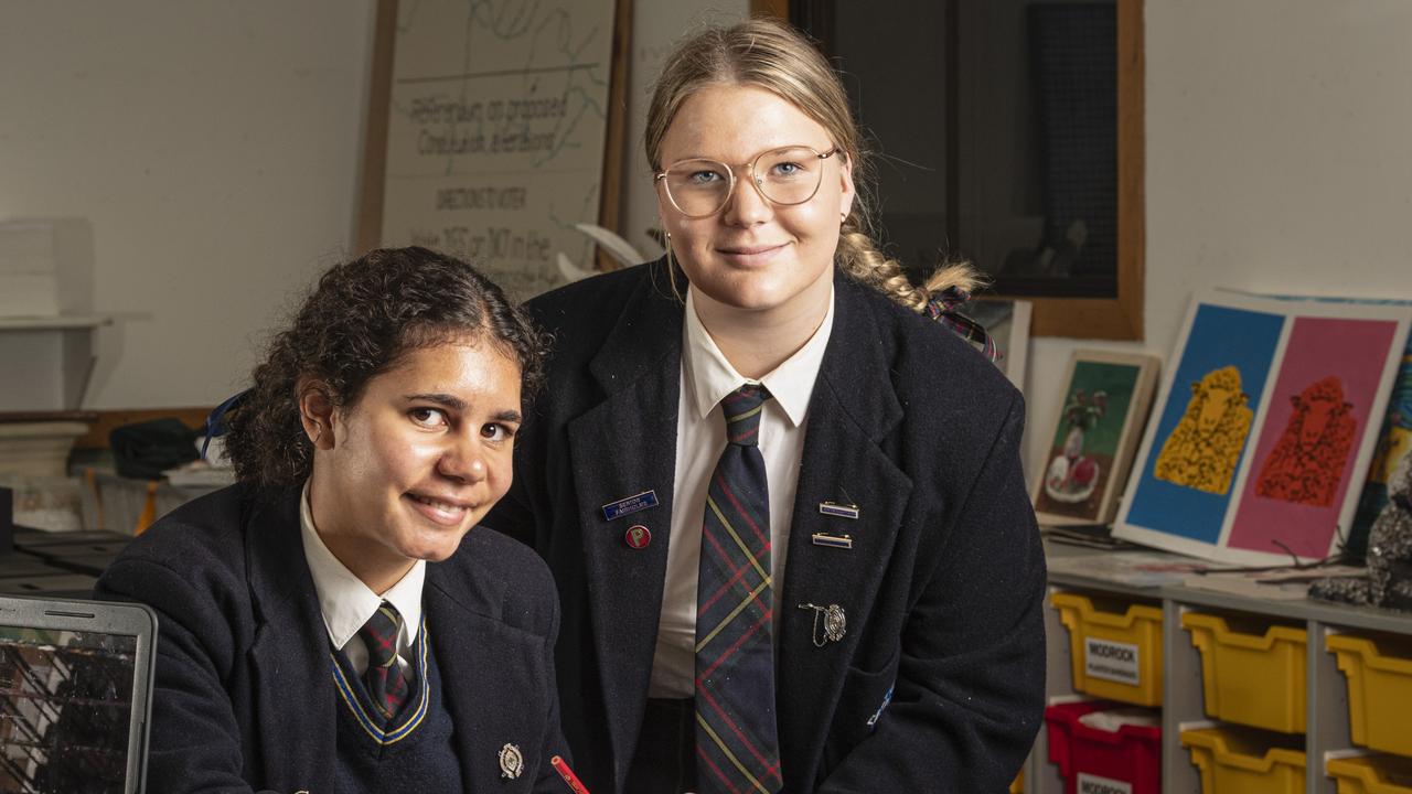 Fairholme College art students Kaylah Daniel-Stafford (left) and Kadence Wilson at work in the college art room. Both students have their work included in the Fairholme Open Art Prize FACETS exhibition, Thursday, May 9, 2024. Picture: Kevin Farmer