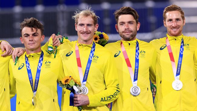 Kookaburras players celebrate silver at the Oi Hockey Stadium in Tokyo Picture: Adam Head