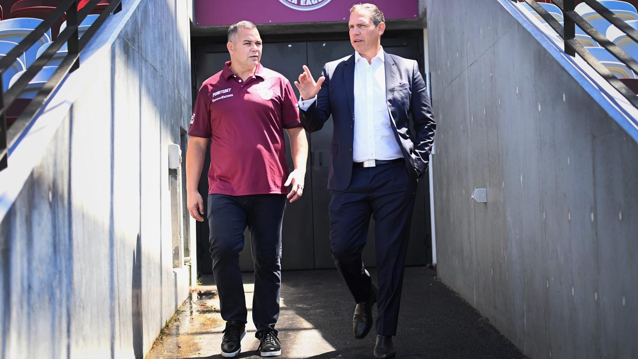 Manly CEO Tony Mestrov announces Anthony Seibold as head coach, a month after the sacking of Hasler. Picture: Jeremy Piper