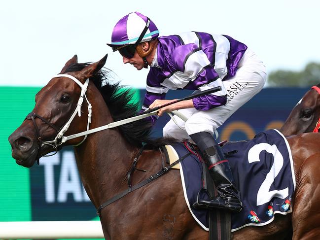 SYDNEY, AUSTRALIA - MARCH 23: Nash Rawiller riding Riff Rocket wins Race 6 Rosehill Guineas during the Golden Slipper Day - Sydney Racing at Rosehill Gardens on March 23, 2024 in Sydney, Australia. (Photo by Jeremy Ng/Getty Images)