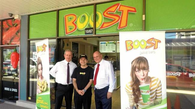 THE RIGHT MIX: Boost Caloundra franchisee Sid Solmaz Len Greedy and Alan Gray of Ray White Commercial Caloundra on site at the new juice bar in Bulcock St.