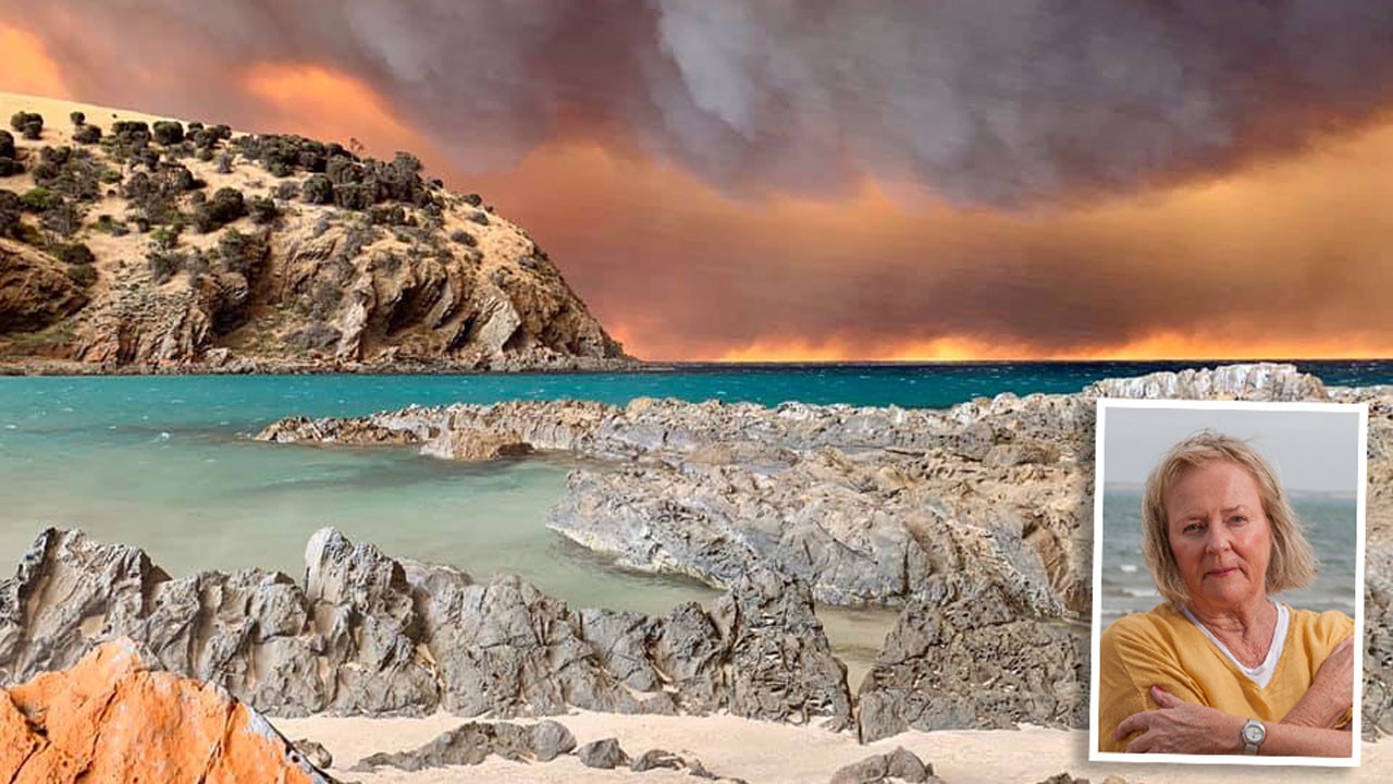 Caroline Taylor took this photo from Western River Cove where the Kangaroo Island fire forced her to protect herself in the ocean. Picture: Caroline Taylor. Inset: Caroline Taylor. Picture: Sean McGowan