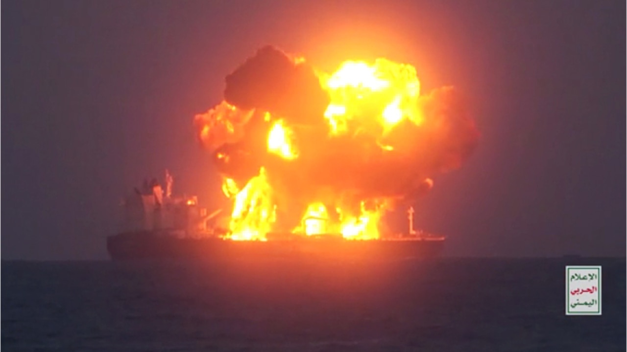 Moment oil tanker erupts in a fireball after Iran-backed Houthis launch attack