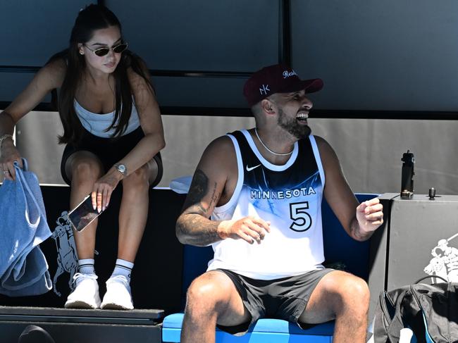 MELBOURNE, AUSTRALIA - JANUARY 11: Nick Kyrgios of Australia with his girlfriend Costeen Hatzi during a practice session ahead of the 2025 Australian Open at Melbourne Park on January 11, 2025 in Melbourne, Australia. (Photo by James D. Morgan/Getty Images)