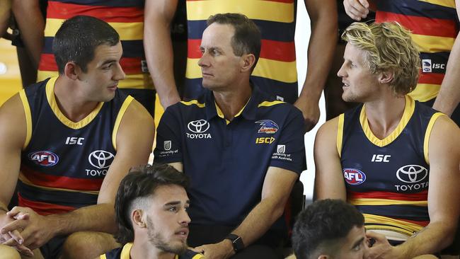 Crows coach Don Pyke centre with his two captains Taylor Walker and Rory Sloane on team photo day ahead of the 2019 AFL season. Picture: Sarah Reed