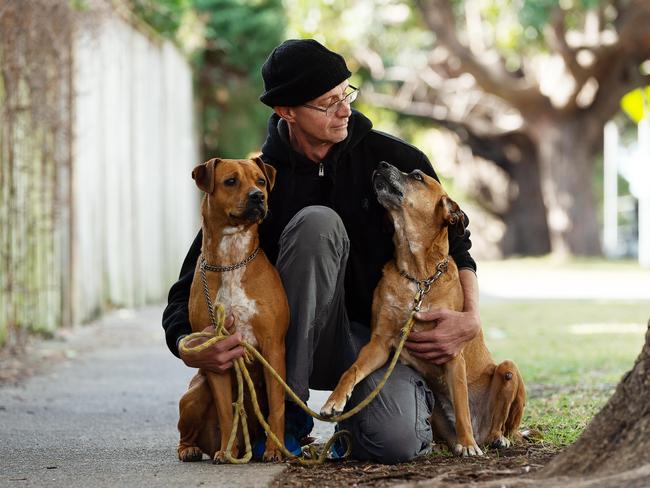 Soren Homme, photographed with his dogs Kimba and Warloch, oosted on Facebook about the incident and said people were very concerned. Picture: AAP Image/Monique Harmer