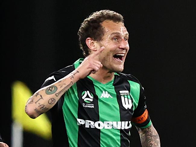 SYDNEY, AUSTRALIA - AUGUST 23: Alessandro Diamanti of Western United celebrates a goal during the A-League Elimination Final match between Western United and the Brisbane Roar at Bankwest Stadium on August 23, 2020 in Sydney, Australia. (Photo by Ryan Pierse/Getty Images)