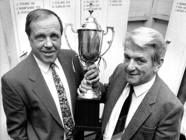 Ted Whitten and Wally Donald with Footscray’s 1954 premiership cup in 1990.