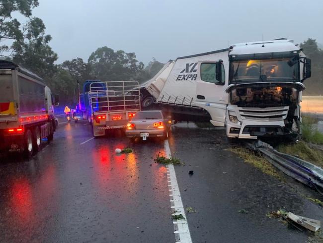 Two trucks including a B-double collided on the M1 near Ourimbah. Picture: NSW Rural Fire Service