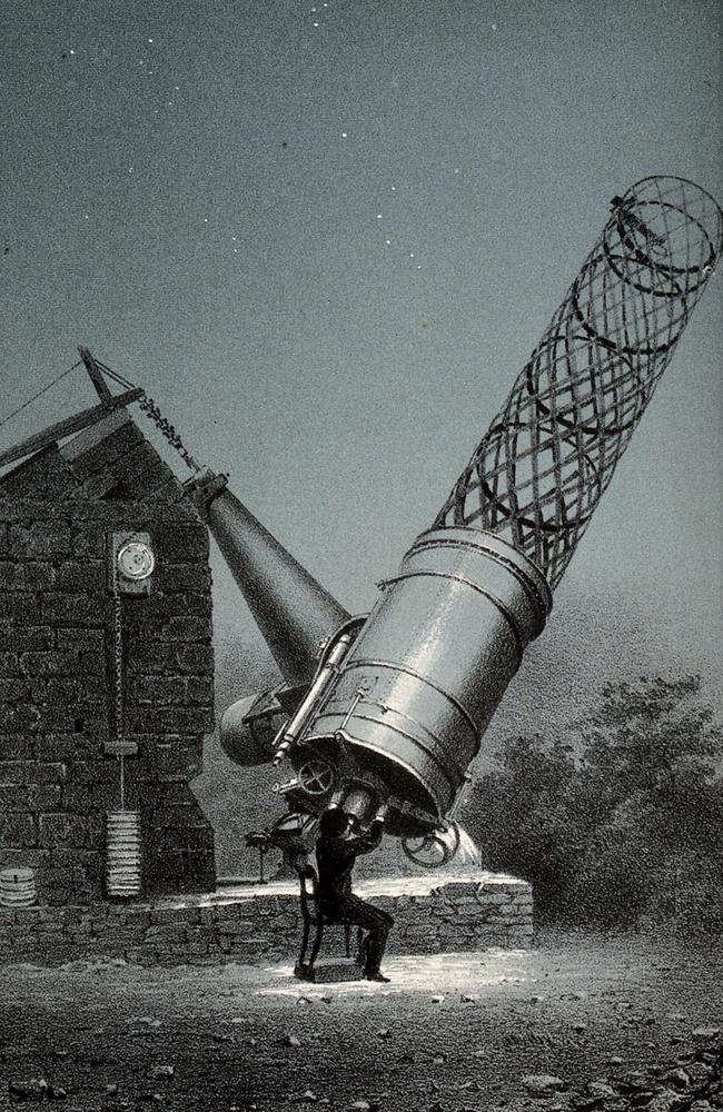 A lithograph image of the Great Melbourne Telescope in use, shortly after its assembly in Melbourne.