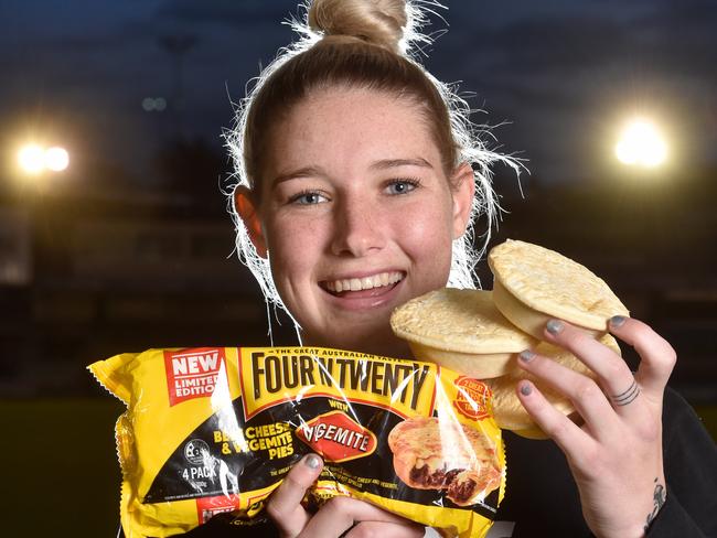 Carlton AFLW star Tayla Harris withthe  new Vegemite and cheese pies. Picture: Jay Town