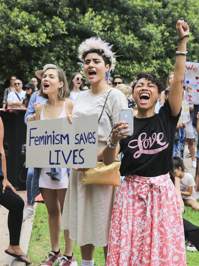 Musician Montaigne, middle, at the protest. Picture: Dylan Robinson