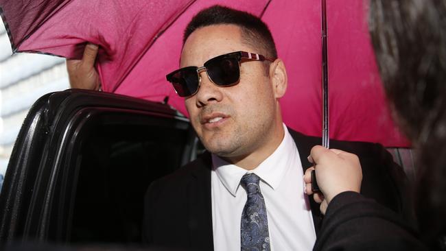 Jarryd Hayne arrives at Newcastle District Court on Thursday for his sentence hearing after being found guilty of sexually assaulting a woman in 2018. Picture: AAP