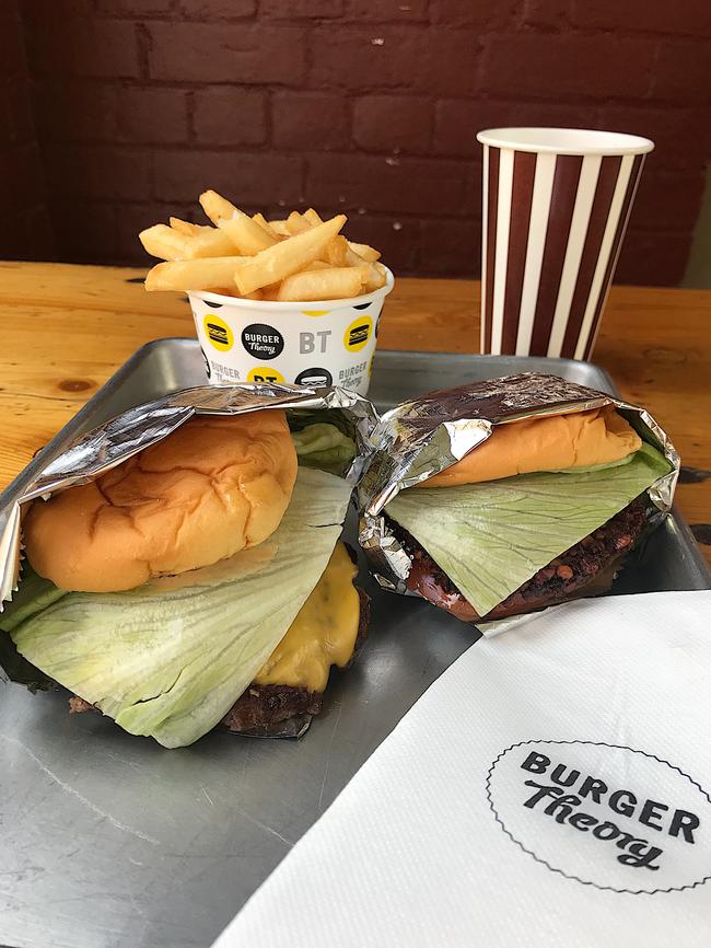 Truckburger and falafel burger at Burger Theory.