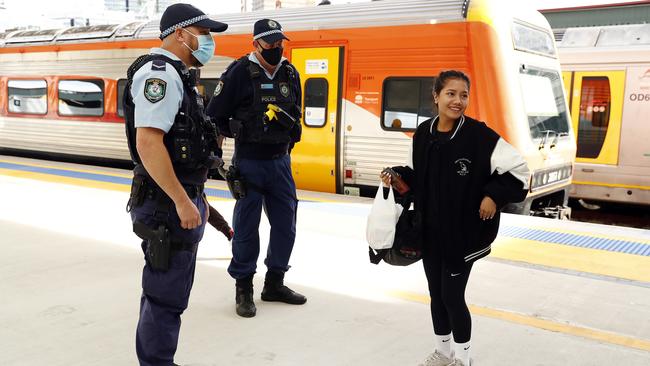 Police enforce mask wearing Central station in the Sydney CBD on Wednesday. Picture: Sam Ruttyn