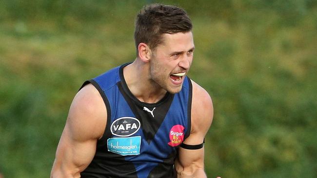 University Blues star Kieran Harper celebrates a goal. Picture: Hamish Blair