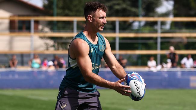 SAINT-ETIENNE, FRANCE - AUGUST 31: Nic White kicks during an Australia Wallabies training session ahead of the Rugby World Cup France 2023, at Stade Roger Baudras on August 31, 2023 in Saint-Etienne, France. (Photo by Chris Hyde/Getty Images)