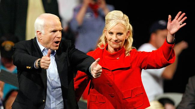 Back in 2008, Cindy McCain campaigns with her husband John for his presidential bid. Picture: AFP