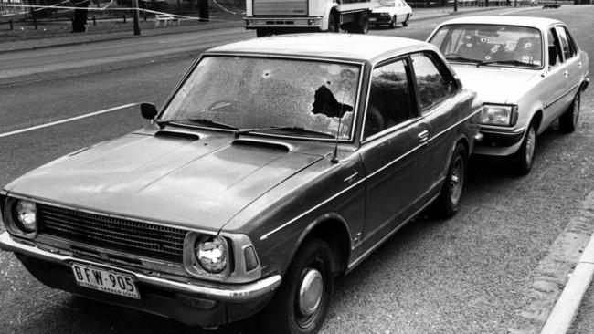 Cars damaged by gunshots from Julian Knight during the Hoddle St massacre in Clifton Hill. Picture: Michael Potter