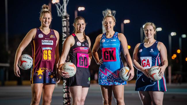 Netball SA's Premier League players Lucy Austin (Matrics), Sarah Raper (Tango), Molly Watson (Contax) and Megan Wooldridge (South Adelaide), pictured at Netball SA Stadium in 2021. Picture: Tom Huntley